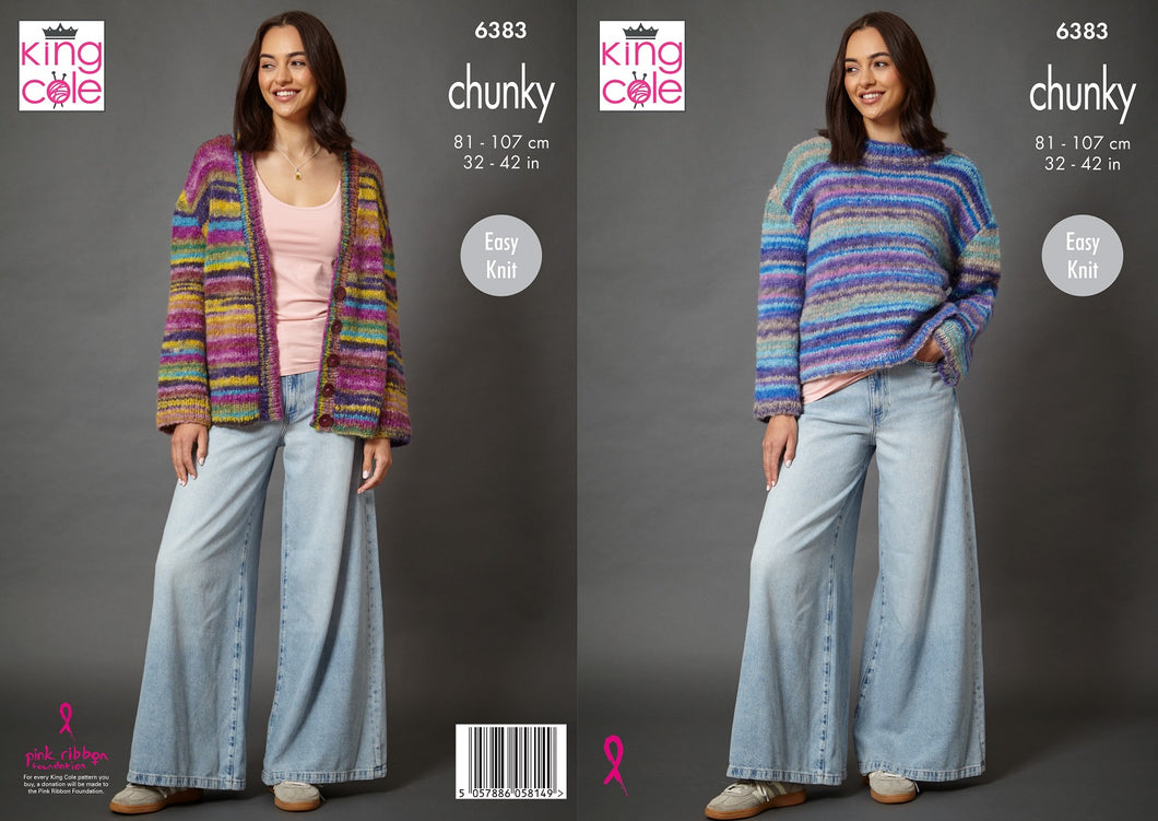 King Cole Chunky Knitting Pattern Women’s Easy Knit Sweater & Cardigan (6383)