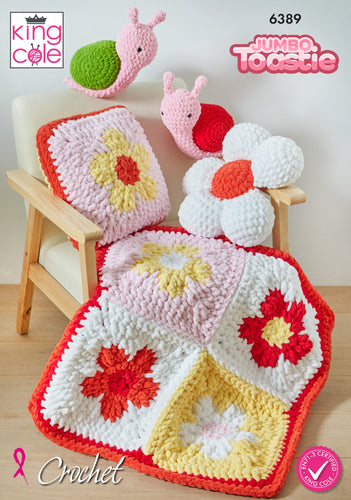 King Cole Crochet Pattern for Flower Cushions Blanket & Snail Toy 6389