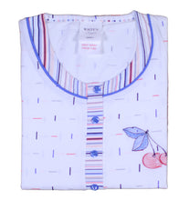 Load image into Gallery viewer, Ladies Pyjamas - Striped Top with Cherry Detail &amp; 3/4 Bottoms (Blue or Red)