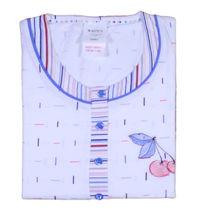 Ladies Pyjamas - Striped Top with Cherry Detail & 3/4 Bottoms (Blue or Red)
