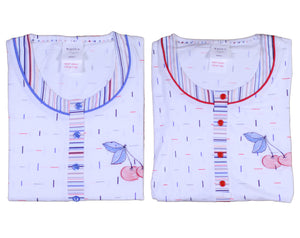 Ladies Pyjamas - Striped Top with Cherry Detail & 3/4 Bottoms (Blue or Red)