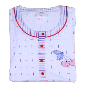 Ladies Pyjamas - Striped Top with Cherry Detail & 3/4 Bottoms (Blue or Red)