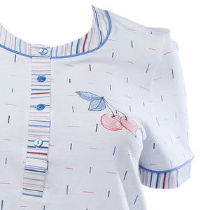 Ladies Pyjamas - Striped Top with Cherry Detail & 3/4 Bottoms (Blue or Red)