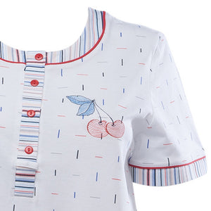 Ladies Pyjamas - Striped Top with Cherry Detail & 3/4 Bottoms (Blue or Red)