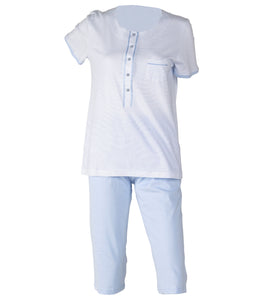 Ladies Jersey Cotton Pyjamas - Striped Top & Plain PJ Bottoms (Blue or Pink)