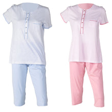 Load image into Gallery viewer, Ladies Jersey Cotton Pyjamas - Striped Top &amp; Plain PJ Bottoms (Blue or Pink)