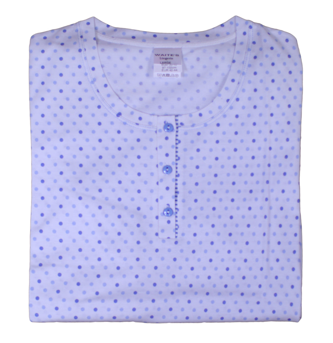 Ladies Short Sleeved Polka Dot Nightie with Striped Trim (Blue or Pink)