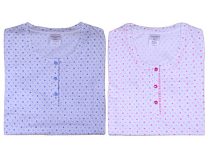 Ladies Short Sleeved Polka Dot Nightie with Striped Trim (Blue or Pink)