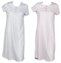 Load image into Gallery viewer, Ladies Short Sleeved Polka Dot Nightie with Striped Trim (Blue or Pink)