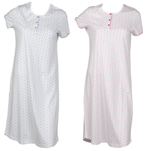 Ladies Short Sleeved Polka Dot Nightie with Striped Trim (Blue or Pink)