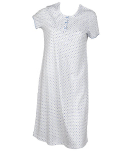 Ladies Short Sleeved Polka Dot Nightie with Striped Trim (Blue or Pink)