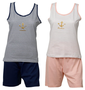 Ladies Jersey Cotton Pyjamas - Anchor Tank Top & Plain Shorts (Navy or Pink)