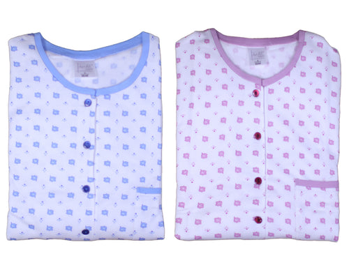 Ladies 100% Cotton Leaf & Polka Dot Nightdress S - XL (Blue or Pink)