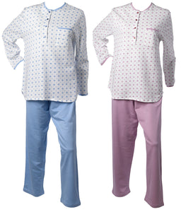 Ladies 100% Cotton Leaf & Polka Dot Pattern Pyjamas Set S - XL (Blue or Pink)