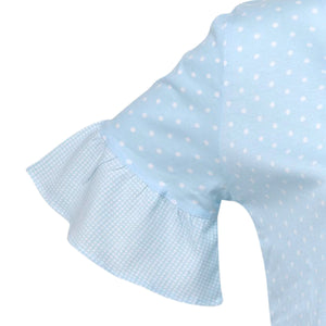 Ladies Jersey Cotton Polka Dot Pyjamas with Frilled Sleeves (Blue or Pink)