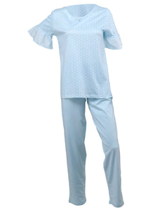 Ladies Jersey Cotton Polka Dot Pyjamas with Frilled Sleeves (Blue or Pink)