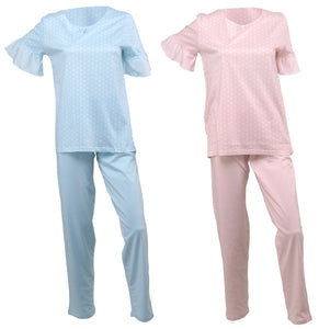 Ladies Jersey Cotton Polka Dot Pyjamas with Frilled Sleeves (Blue or Pink)
