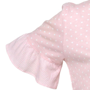 Ladies Jersey Cotton Polka Dot Pyjamas with Frilled Sleeves (Blue or Pink)