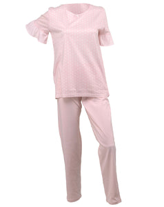 Ladies Jersey Cotton Polka Dot Pyjamas with Frilled Sleeves (Blue or Pink)
