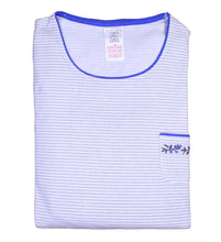 Load image into Gallery viewer, Ladies Grey Striped &amp; Floral Embroidered Pyjamas Set (Blue or Red Detail)