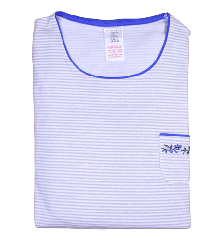 Ladies Grey Striped & Floral Embroidered Pyjamas Set (Blue or Red Detail)