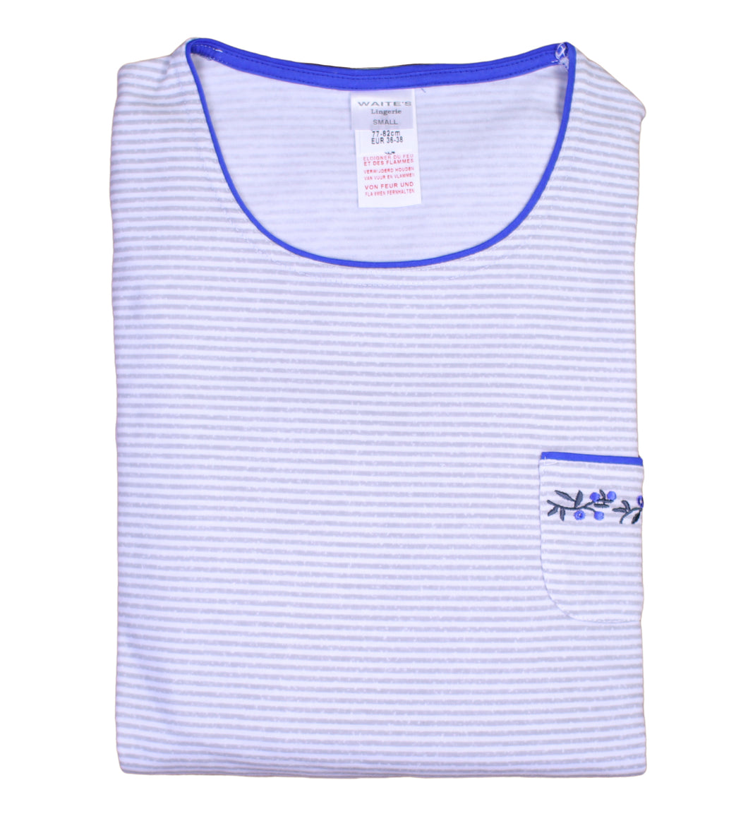Ladies Grey Striped & Floral Embroidered Pyjamas Set (Blue or Red Detail)