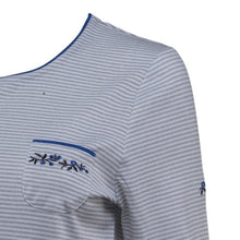 Load image into Gallery viewer, Ladies Grey Striped &amp; Floral Embroidered Pyjamas Set (Blue or Red Detail)
