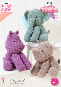 King Cole Crochet Pattern for Elephant, Hippo & Rhino Stuffed Toys 9217