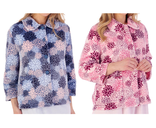 Slenderella Ladies Bold Floral Flannel Fleece Button Bed Jacket (2 Colours)