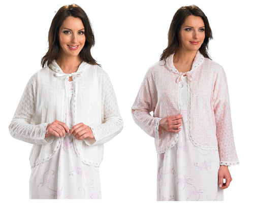 Slenderella Ladies Ribbon Tie Bed Jacket with Scalloped Tulle Trim (Cream or Pink)
