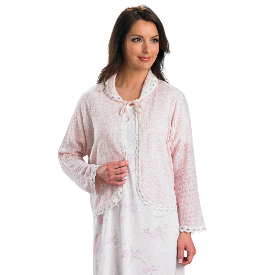 Slenderella Ladies Ribbon Tie Bed Jacket with Scalloped Tulle Trim (Cream or Pink)