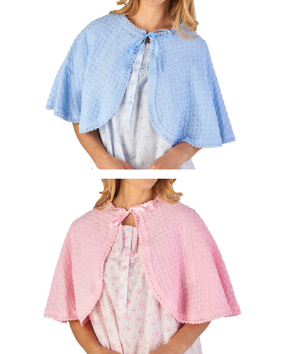 Slenderella Ladies Diamond Pattern Bed Cape with Ribbon Tie (Blue or Pink)