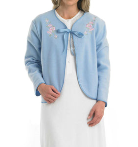 Slenderella Ladies Polar Fleece Floral Ribbon Tie Embroidered Bed Jacket