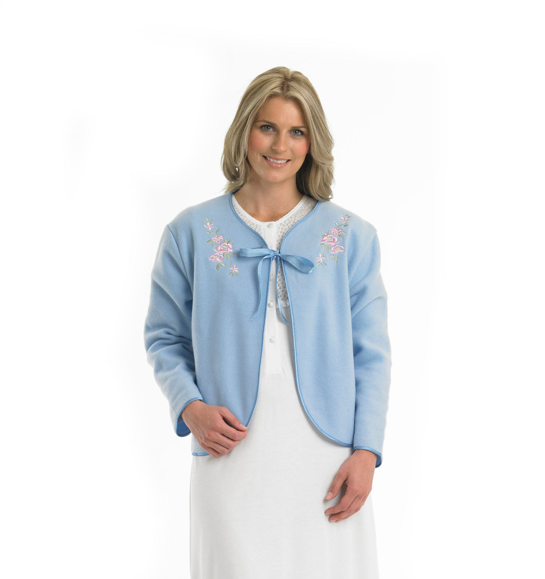 Slenderella Ladies Polar Fleece Floral Ribbon Tie Embroidered Bed Jacket