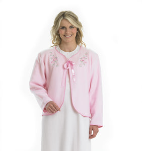 Slenderella Ladies Polar Fleece Floral Ribbon Tie Embroidered Bed Jacket