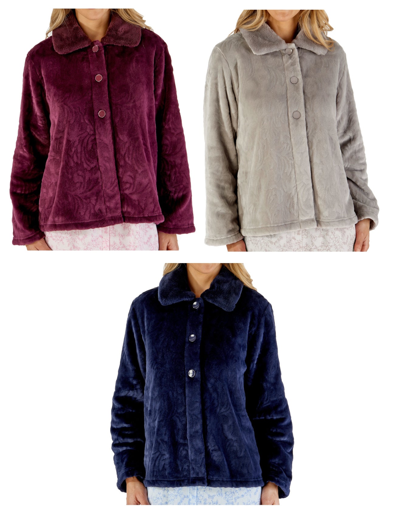 Slenderella Ladies Patterned Fleece Faux Fur Collar Bed Jacket 3 Colours
