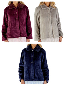 Slenderella Ladies Patterned Fleece & Faux Fur Collar Bed Jacket (3 Colours)