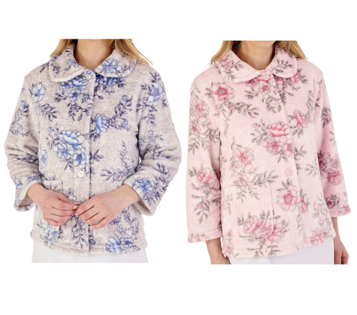Slenderella Ladies Floral Flannel Fleece Button Bed Jacket (2 Colours)