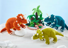 Load image into Gallery viewer, King Cole Dinosaur Land Knitting Book 1 to make T-Rex, Triceratops &amp; Diplodocus Knitted Toys