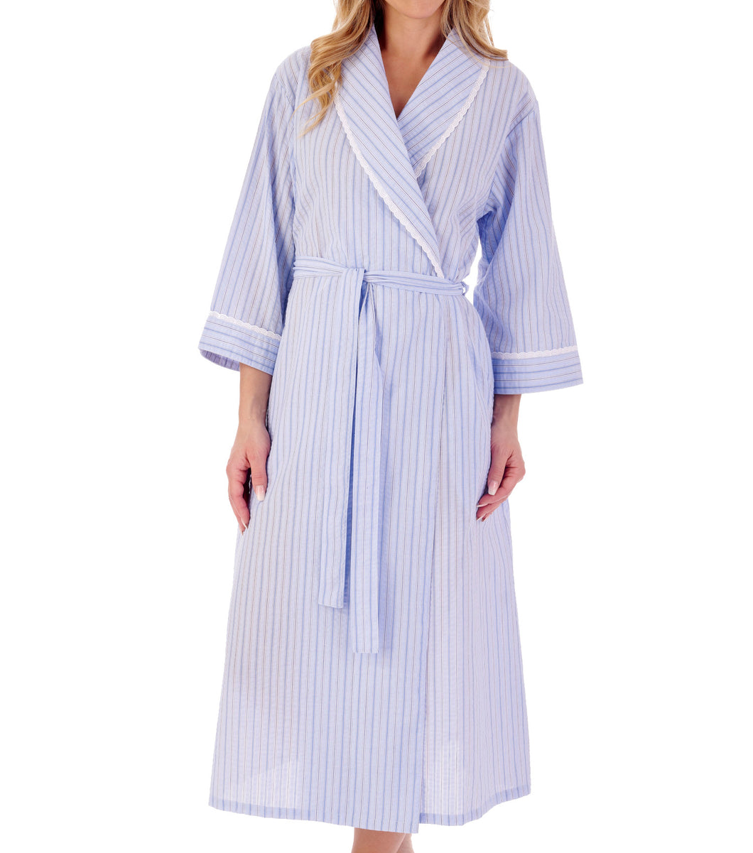 Slenderella Ladies Seersucker Stripe Robe with Easy Fasten Poppers (2 Colours)