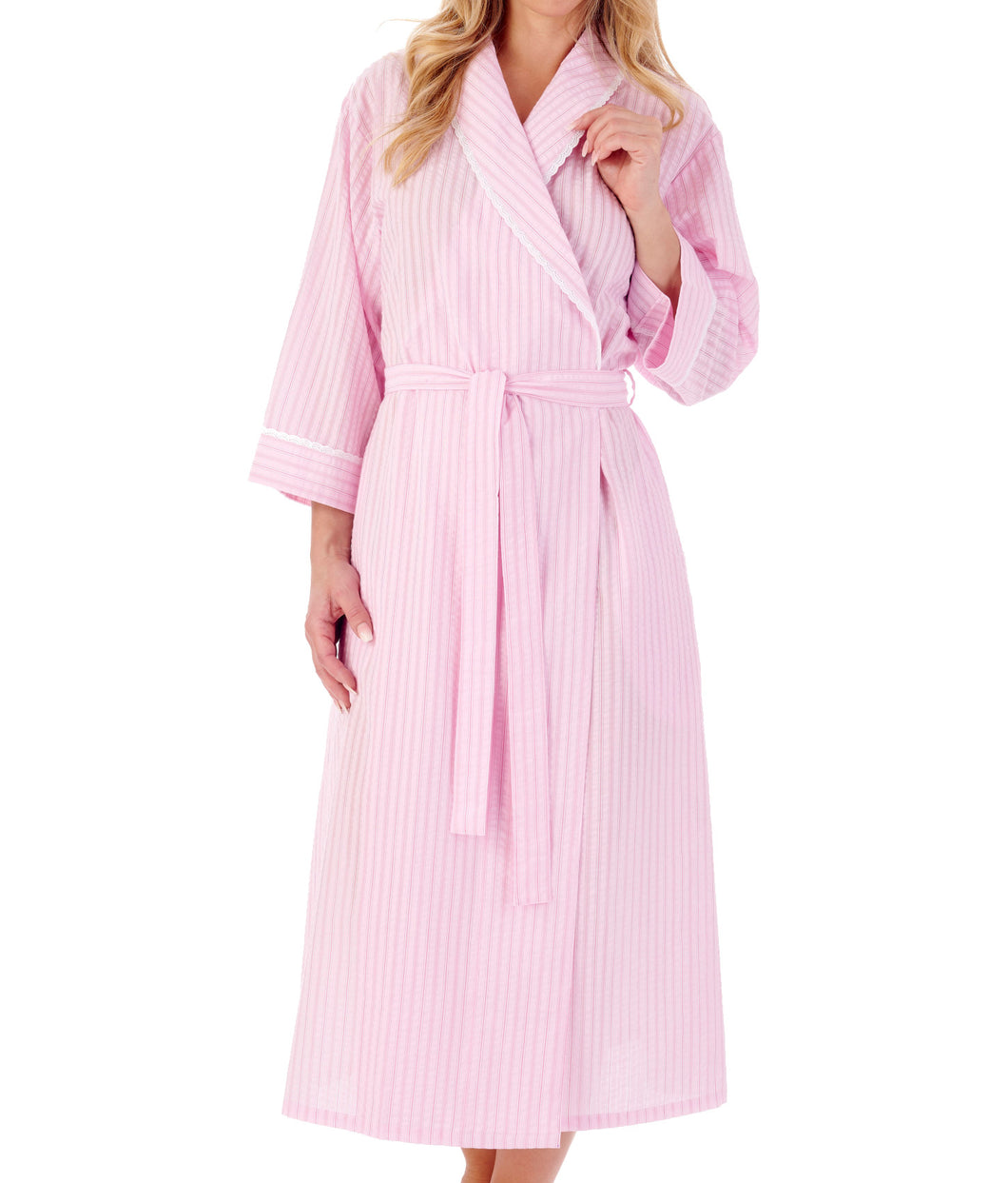 Slenderella Ladies Seersucker Stripe Robe with Easy Fasten Poppers (2 Colours)