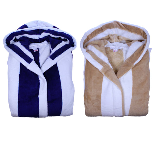 Slenderella Unisex Striped Fleecy Hooded Dressing Gown S-XL (Blue or Coffee)