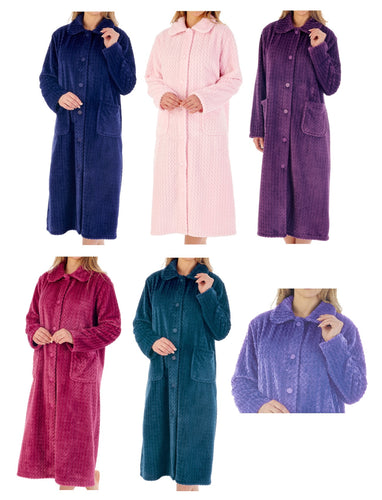 Slenderella Ladies Zig Zag Fleece Button Up Dressing Gown (6 Colours)