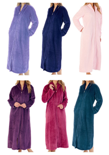 Slenderella Ladies Long Zig Zag Fleece Zip Up Dressing Gown (6 Colours)