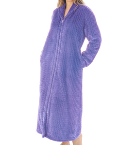 Slenderella Ladies Long Zig Zag Fleece Zip Up Dressing Gown (6 Colours)