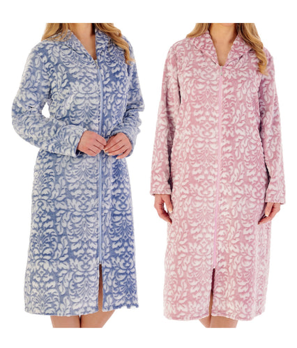 Slenderella Ladies Damask Fleece Zip Up Dressing Gown (2 Colours)