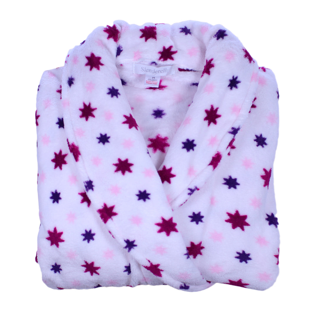 Slenderella Ladies Luxurious Star Print Soft Fleece Dressing Gown (Cream or Purple)