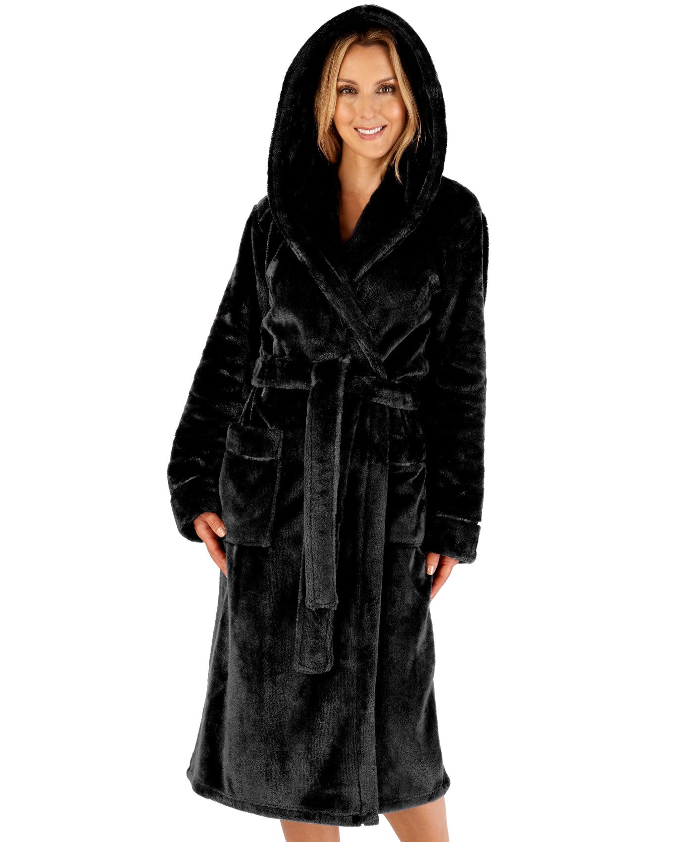 Dreamscene Star Print Hooded Sherpa Fleece Dressing Gown - Black