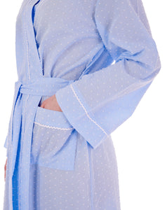 Slenderella Ladies Cotton Dobby Dot Long Dressing Gown (Blue or Pink)