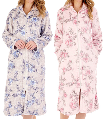 Slenderella Ladies Floral Fleece Zip Up Dressing Gown (2 Colours)